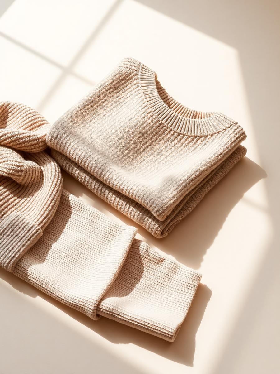 Neutral knitwear folded in soft daylight