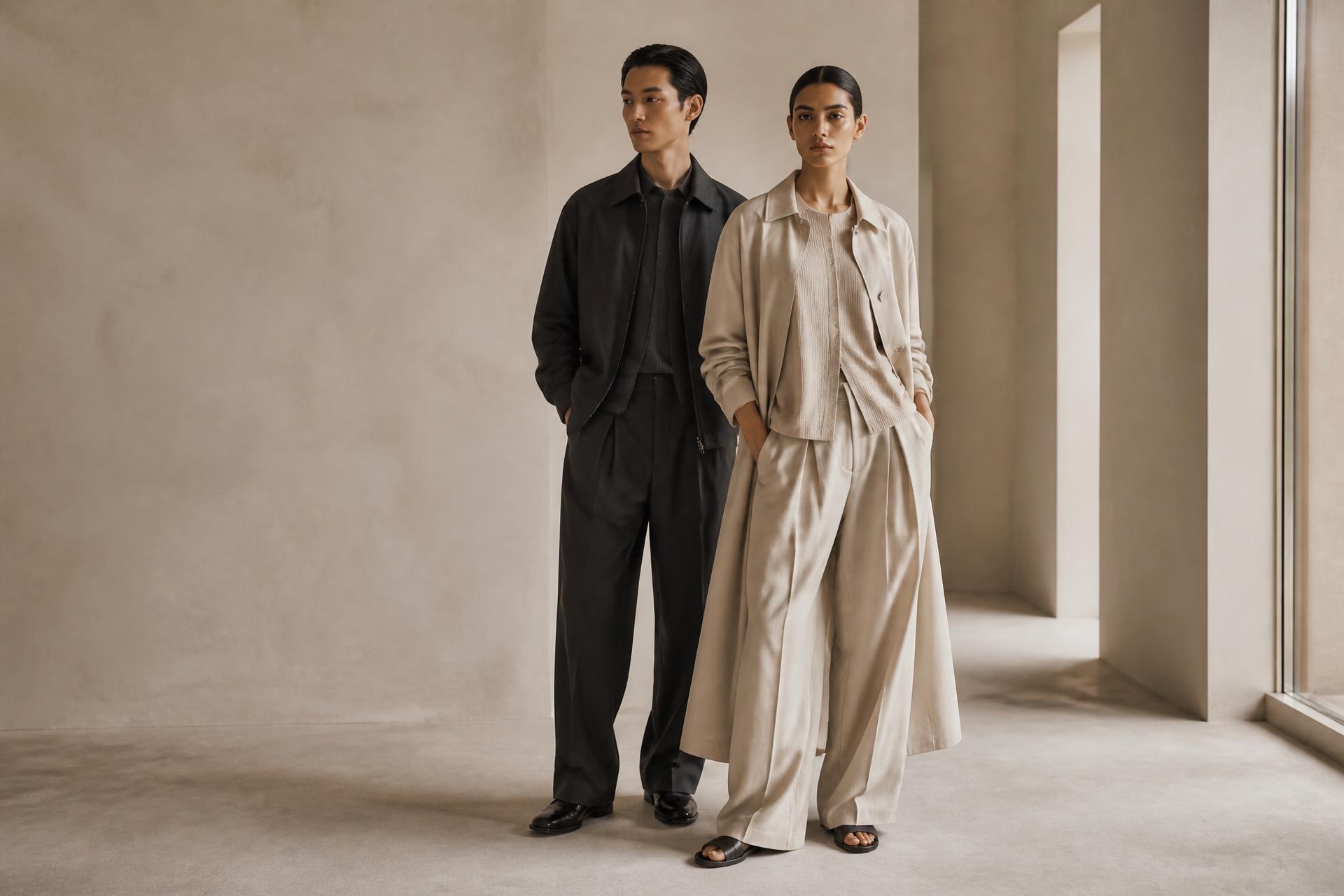 Two models wearing AUREN neutral tailoring in a sunlit studio